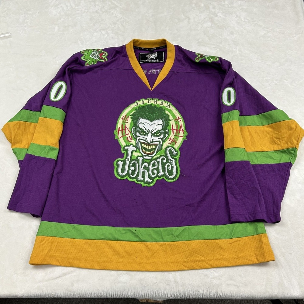 RARE Geeky Arkham Jokers Hockey Jersey Mens L Purple Joker Graphic V-Neck Mesh